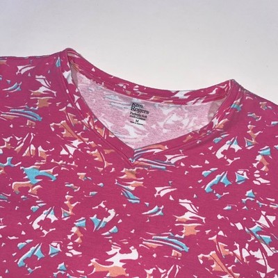 Kim Rogers Perfectly Soft V Neck Pink Floral Cotton T Shirt Womens Size Medium
