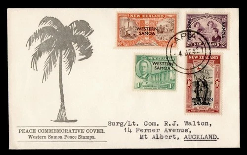 DR WHO 1946 NEW ZEALAND WESTERN SAMOA OVPT PEACE ISSUE COMBO FDC M78660