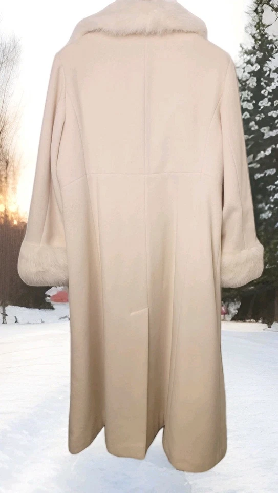 Женская длинная шерсть пальто мех отделки двубортный слоновой кости зимнее пальто большой 16 Вт - Изображение 2 из 4