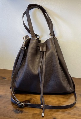 Laggo Chocolate Brown Pebbled Leather Drawstring Shoulder Bag Crossbody Purse