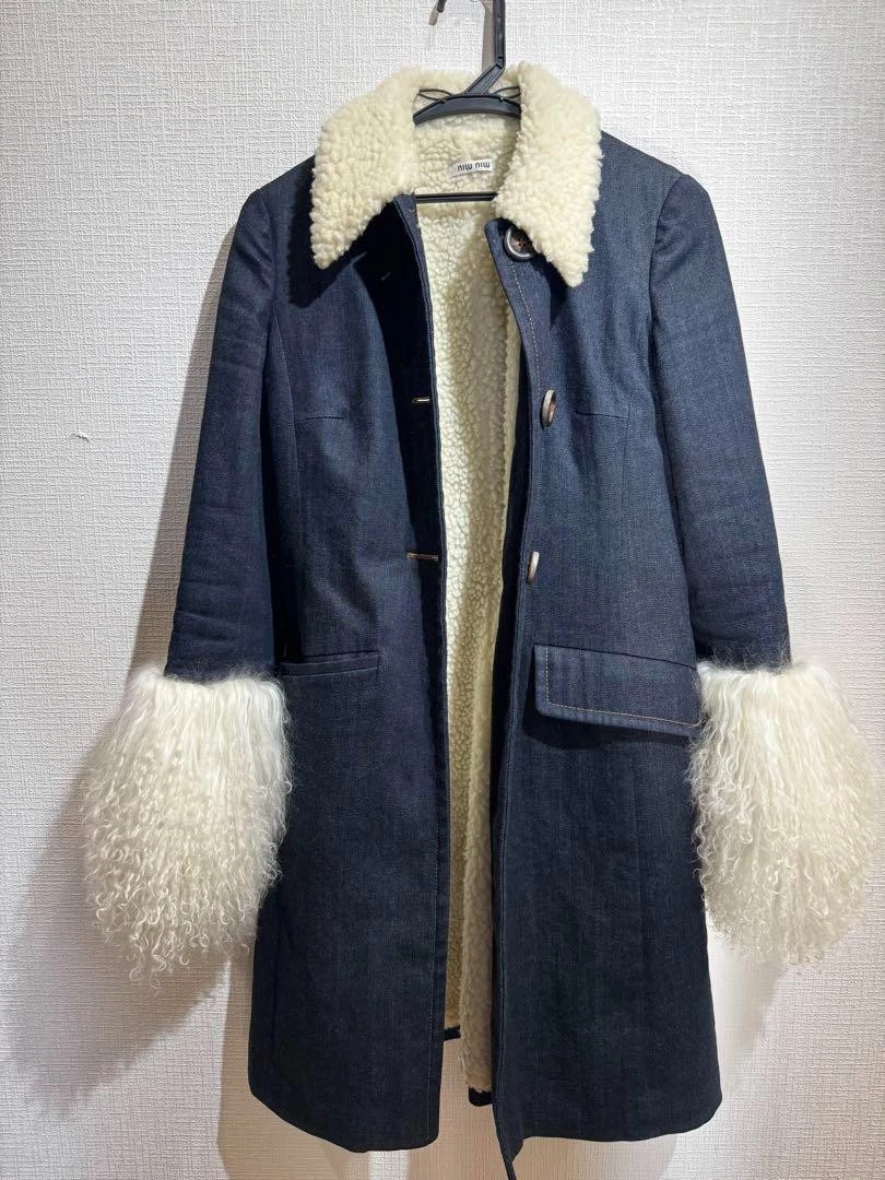 MIU MIU Cappotto lungo denim MiuMiu vera pelliccia blu usatoe+ ottime+oni condizion origi JA