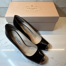 PRADA Black Patent Leather Metallic Toe Block Heel Square Toe Pumps 38