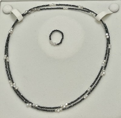 Keshi Pearl Necklace Ring Set Thai Black Spinel S925 Sterling Silver 36in New