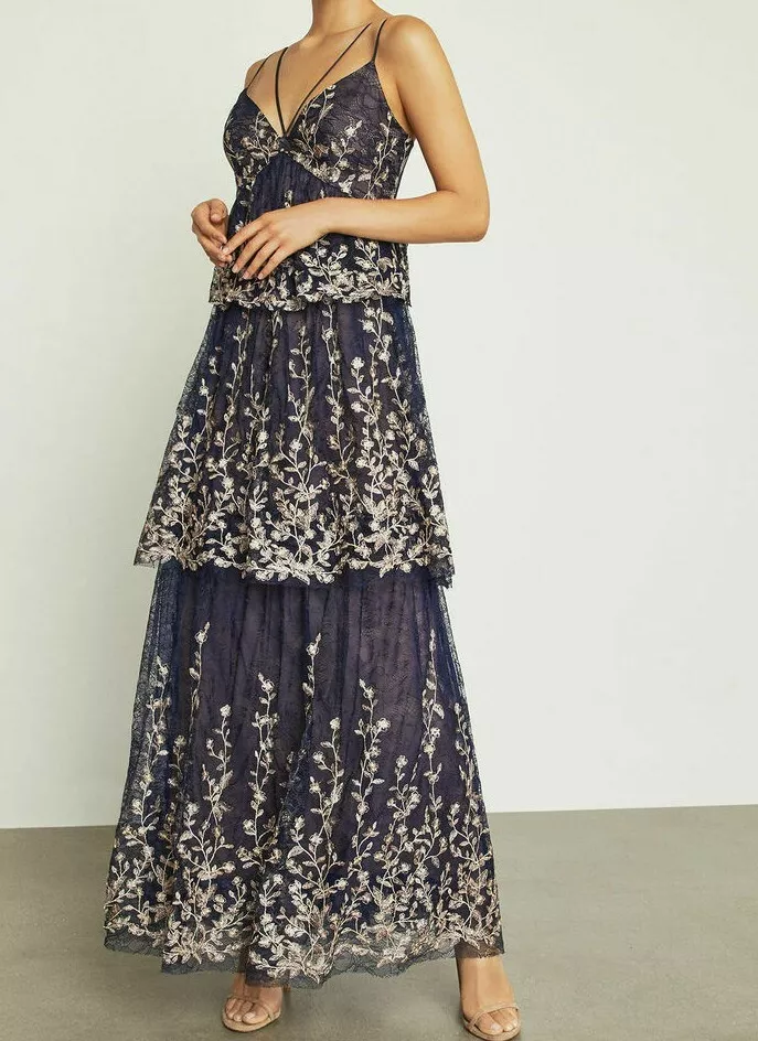 $588 NWT BCBGMAXAZRIA Sz10 FLORAL BLOOMS METALLIC EMBROIDERED RUFFLE GOWN  DRESS