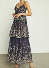  588 NWT BCBGMAXAZRIA Sz10 FLORAL BLOOMS METALLIC EMBROIDERED RUFFLE GOWN DRESS