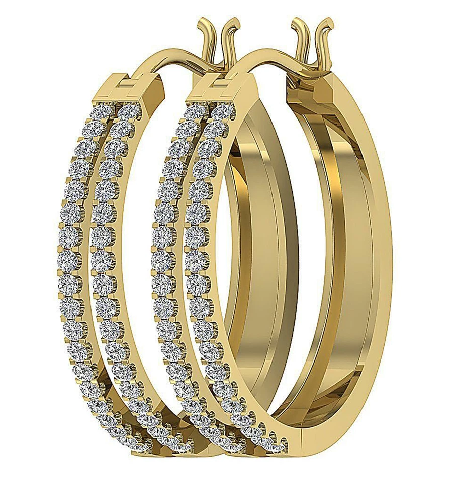 I1 G 1.10 Carat Round Cut Diamond 14K Yellow Gold 2 Row Hoops Earrings Prong Set - Image 2 of 4