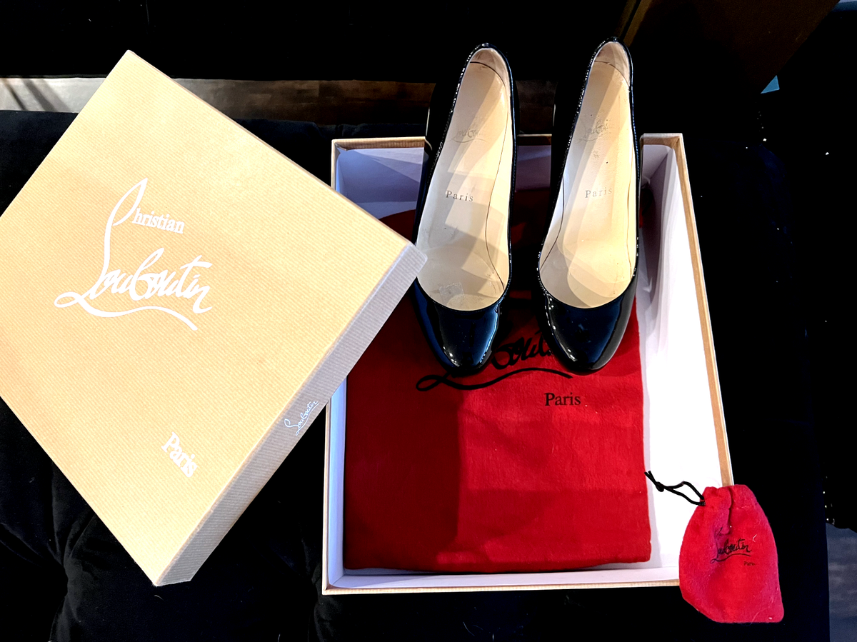 靴 Christian Louboutin LADYPEEPPATENTCALF36 Christian Louboutin Red Bottom Bianca Patent Calf Black 36B US 6