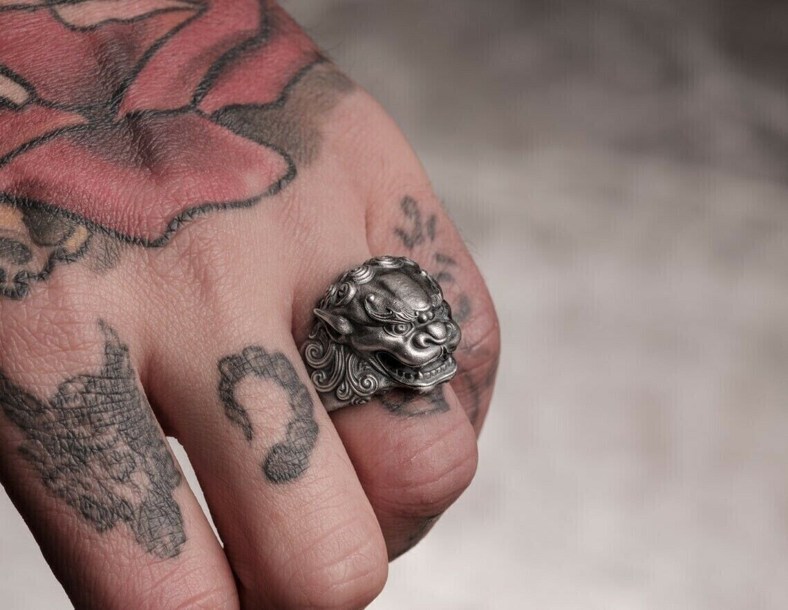 Wonderful Foo Dog Guardian Lion Animal Jungle Men's Biker Rider Silver ...