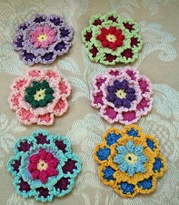 New Thread Crochet 2.25" Multi- Color Flower Appliques  6 Pieces ...DIY Crafts