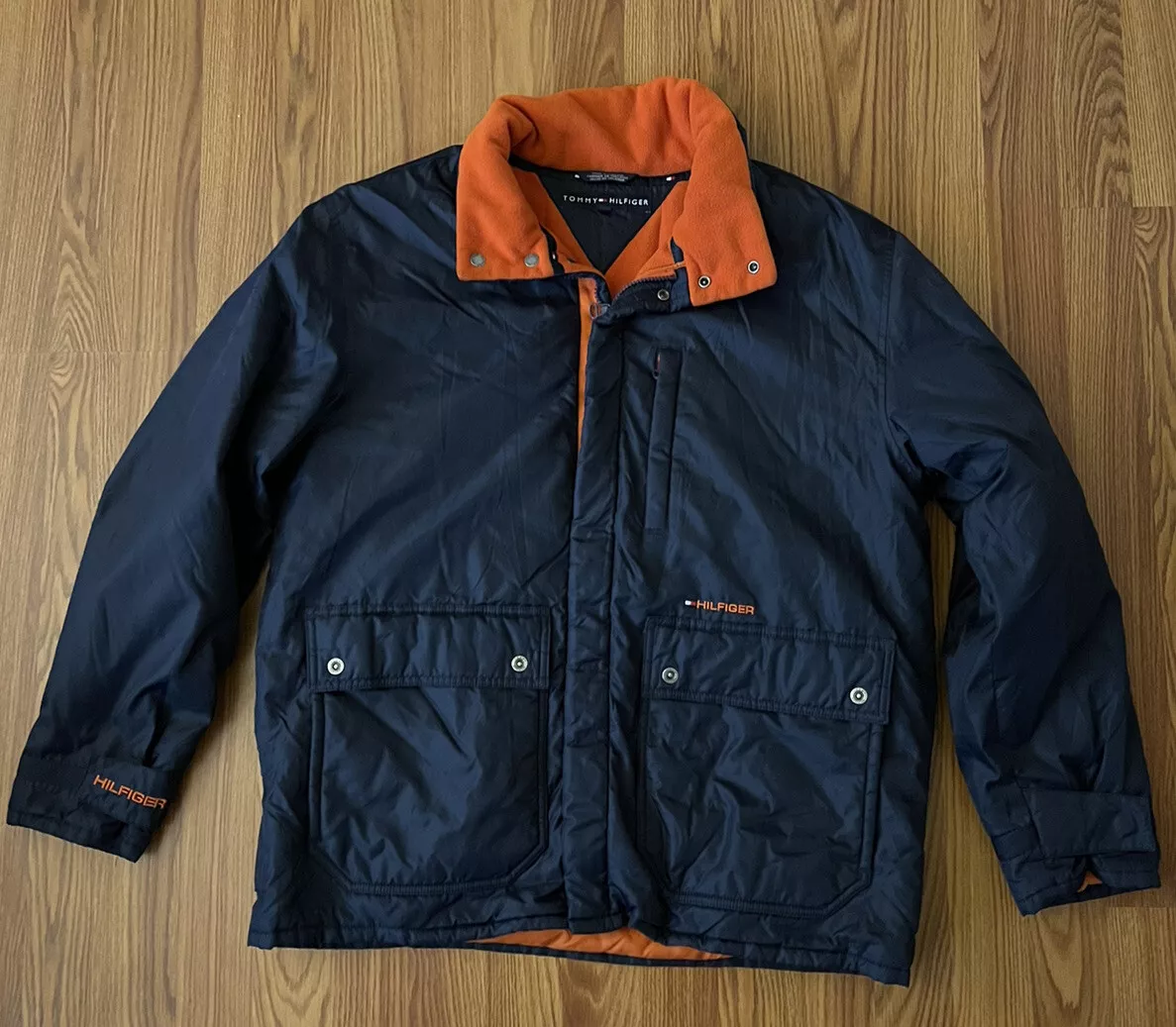 Mens Tommy Hilfiger Navy Blue Nylon Full Zip Jacket Coat Durable Outerwear Large