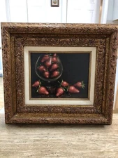 Still Life with Strawberries in a Glass - Signed Oil on Canvas