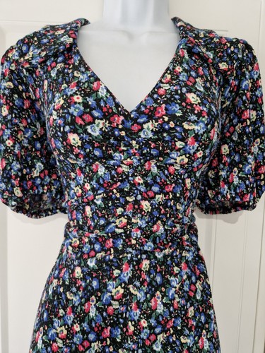 Womens Monsoon Blue Floral Ditsy Crinkle Puff Sleeves Ruched Midi Tea Dress M. - Picture 2 of 12