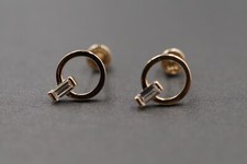 14K Solid Yellow Gold 6.5MM Circle With Baguette CZ Stud Earring. Women Children