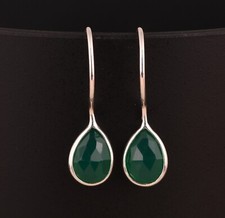 Antique Teardrop 925 Silver Ear Wire Natural Green Onyx Dangle Hoop Earrings