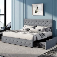 King Platform Storage Bed Frame with 4 Drawers & Adjustable Headboard,Light Grey