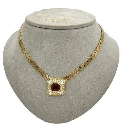 Vintage DIOR Kunst-Citrin Kristall Vergoldet Kette/Choker/Schmuck39-43cm.+Beutel