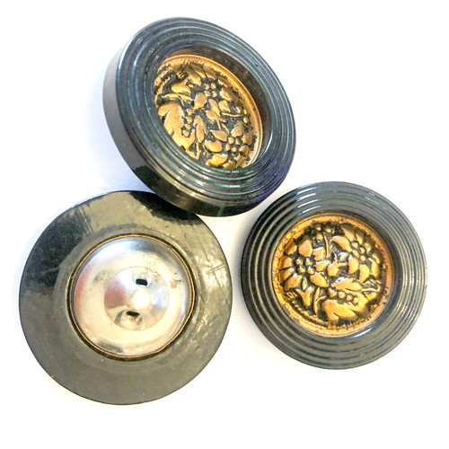 Vintage Large Black & Gold Flower Round Coat Shank Buttons Set of Three 1950's