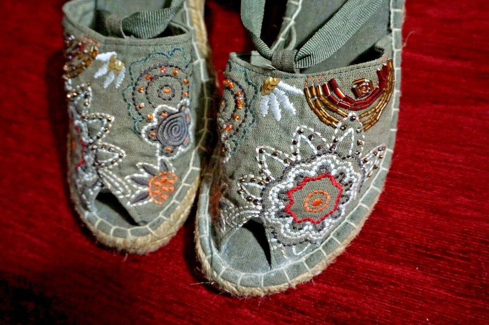 De colección Verde Cuerda Cuña Lentejuelas Cuentas Bordado, Corbata Alpargata Zapato Reino Unido 6 39 Foto 2 de 4