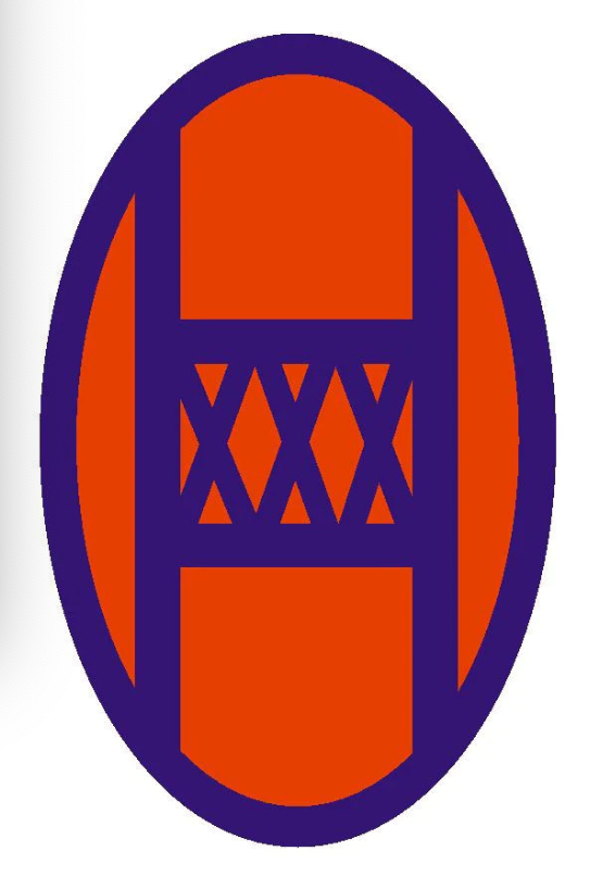 5-inch 30th Infantry Division military sticker decal with orange shield design and purple “XXX” crosshair on lower center.