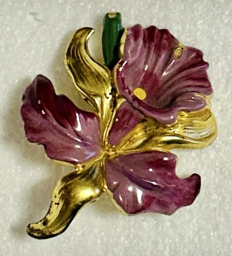 Vintage Orchid Enamel Brooch Purple Gold Tone Flower Pin Costume Jewelry MCM