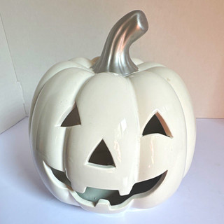 White Ceramic Jack O’ Lantern Pumpkin Figurine w/ Silver Stem Freestanding