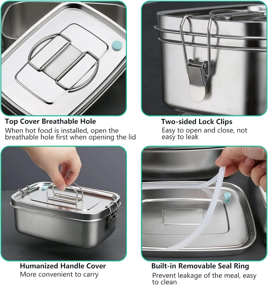 Porta Pranzo in Acciaio Inossidabile, 1100ML Lunch Box Con Partizione Rimovibile - Immagine 2 di 4