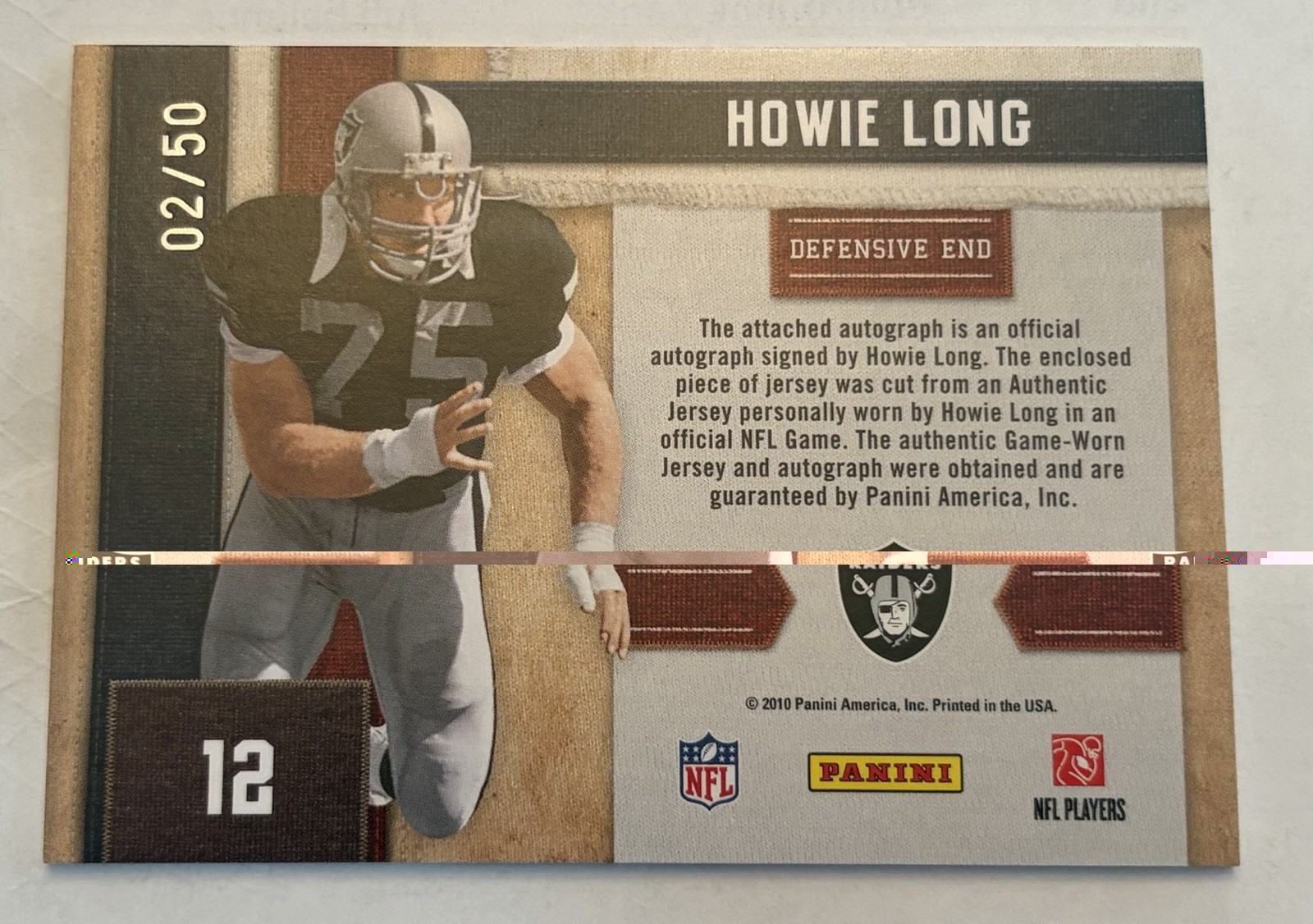 2010 HOWIE LONG Auto Game Used Jersey /50 Panini Absolute Canton HOF Raiders view 2