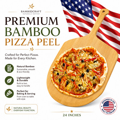 Bamboo Pizza Peel Paddle and Cutting Board with Handle (Extra Large Size)
