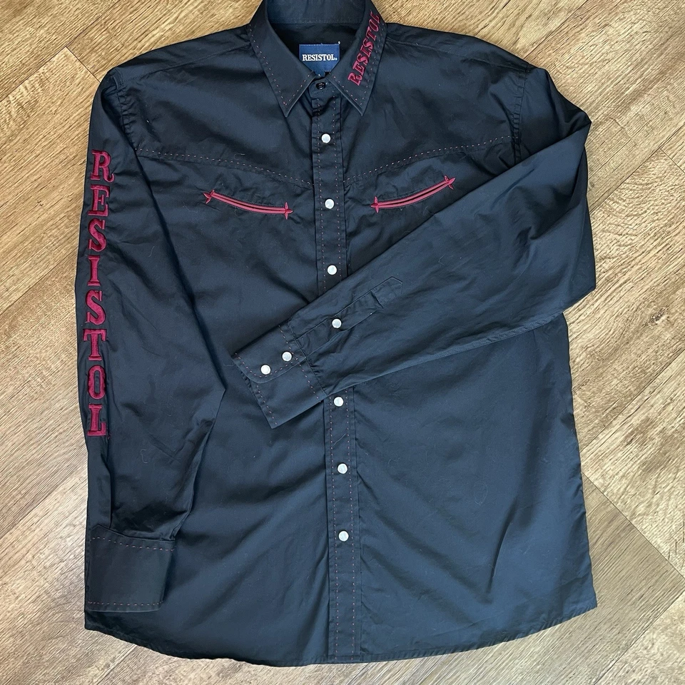 Camisa vaquera Resistol Pearl Snap para hombre grande negra con logotipo bordado Foto 3 de 4