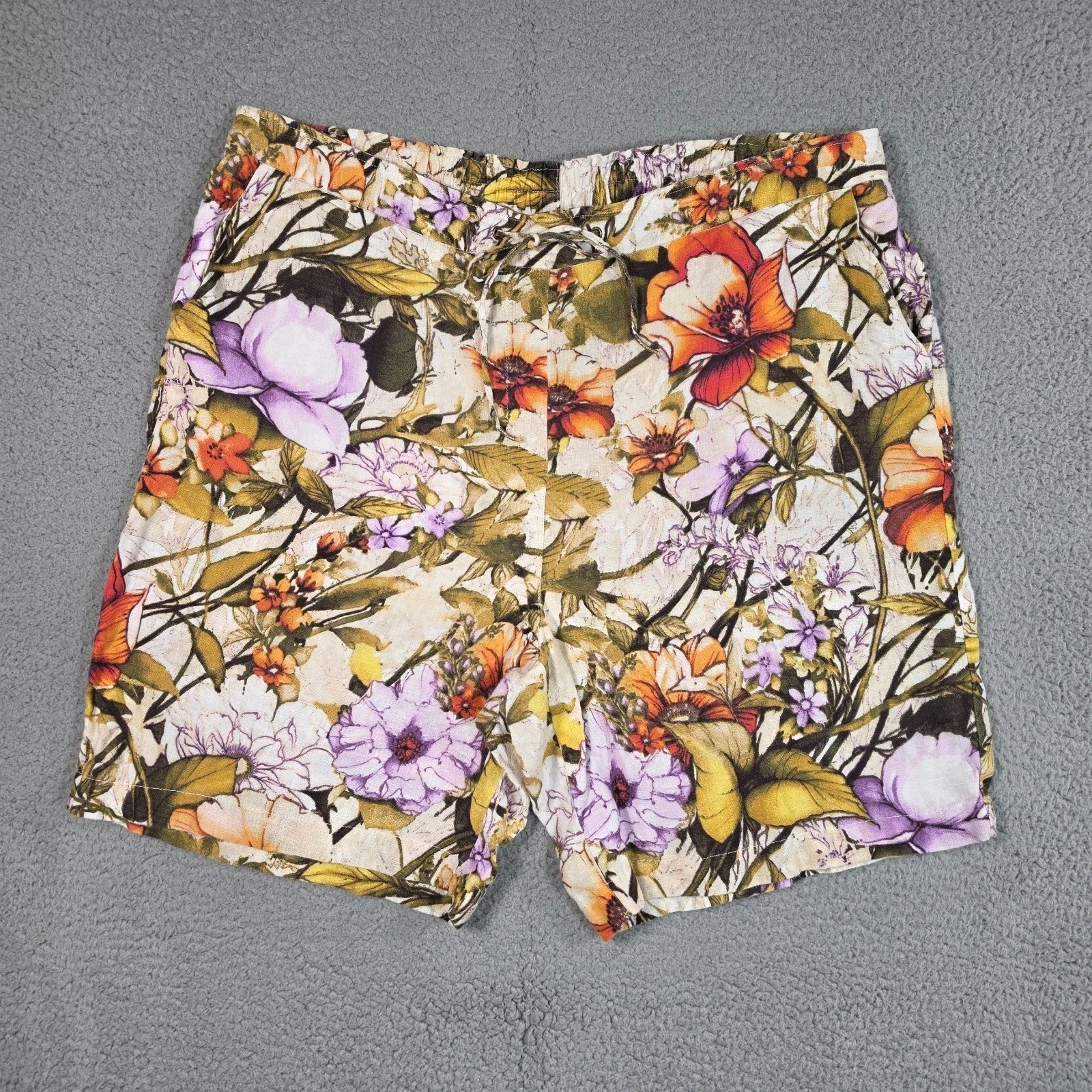 Chicos 100% Linen Pull On Shorts Womens 3 XL 16 Floral Pocket Drawstring Resort