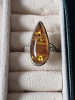 Large Vintage Baltic Amber Ring 925 Sterling Silver Teardrop Cabochon P/R