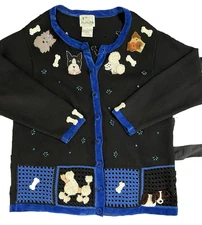 The Quacker Factory Poodle Dog Black Cardigan Sweater Plus Size 1X Embroidered