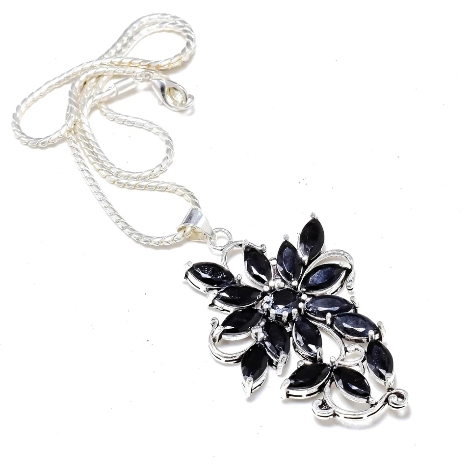 Collar hecho a mano con colgante de piedras preciosas de espinela negra de plata de ley 925 de 20 pulgadas Foto 4 de 4