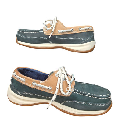 Rockport Womens Sailing Club Navy Tan 3 Eye Tie Work Boat Shoes Size 6.5