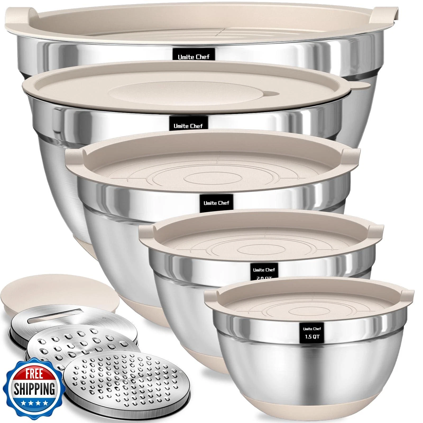 Umite Chef Mixing Bowls with Airtight Lids Set, 8PCS Stainless Steel Khaki Ne