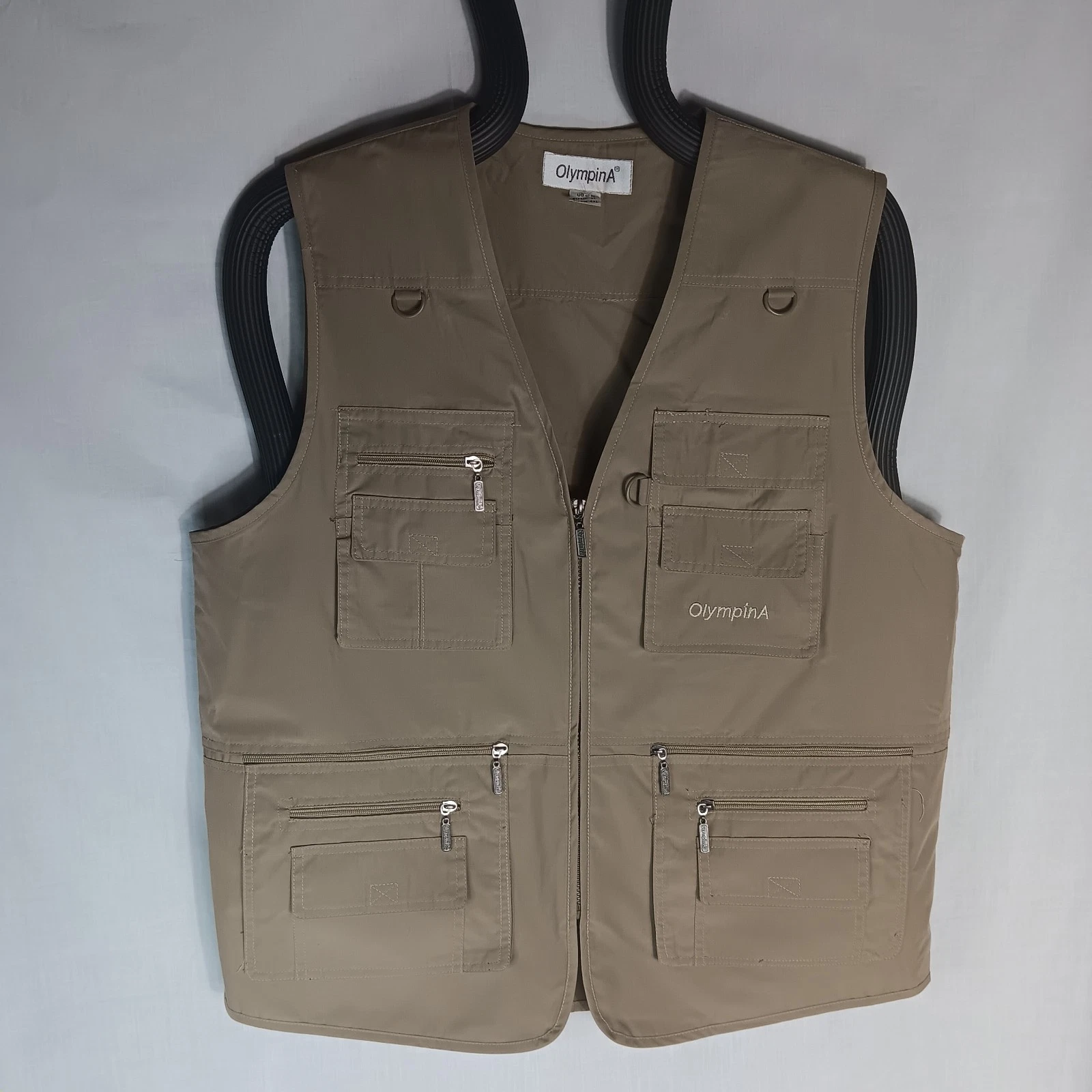 OlympinA Fishing Hunting Hiking Vest Khaki Tactical Hunting Cargo Large Zip-Up