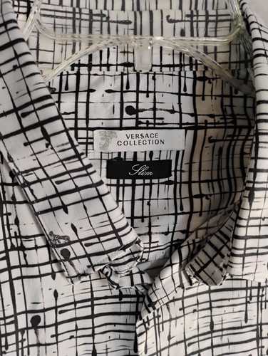 Gianni Versace Mens Shirt 17.5 44 White Black Slim Fit Long Sleeve Button Up - Picture 4 of 11