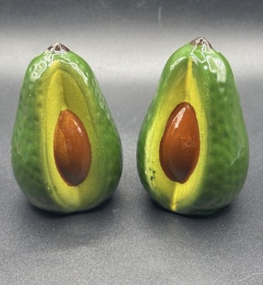 Vintage 1970s Avocado Green Egg Salt Pepper Shakers Ceramic Porcelain Pair