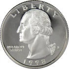 1998 S Washington Quarter Choice Proof 90% Silver 25c US Coin Collectible