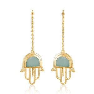 Authentic Gold Plated Hamsa Hand Long Chain Threader Earrings D Shape Chalcedony Jewelry