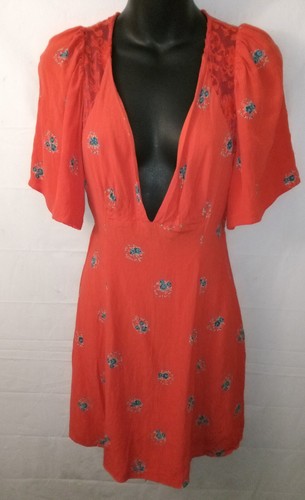 Free People 0 Mockingbird Coral Red Floral Print Backless Mini Viscose Dress - Picture 4 of 7