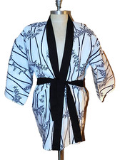 Vintage Asian Kimono Jacket Robe White Black Bamboo Pattern