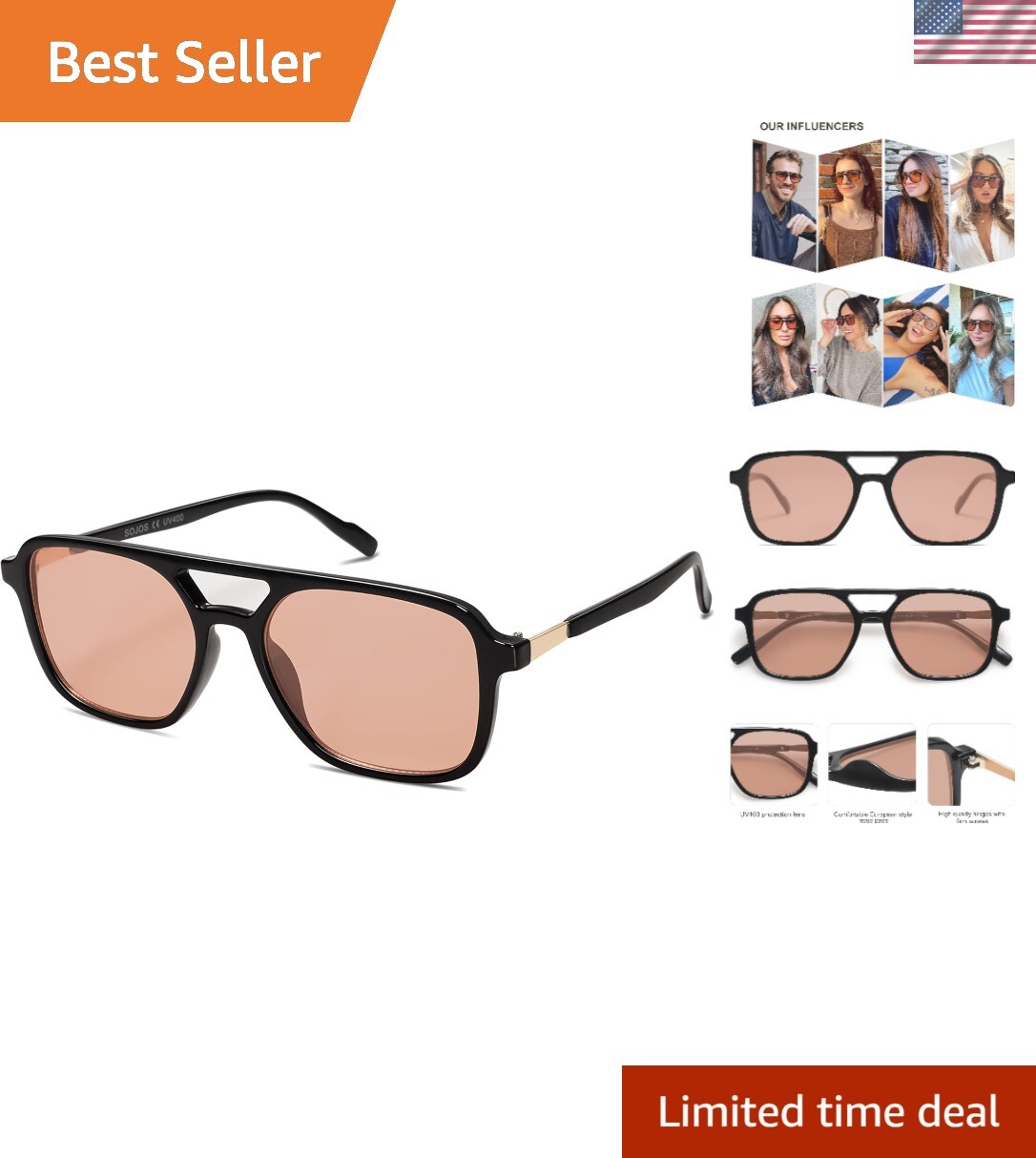 Retro Aviator Sunglasses for Women Men,Trendy Rectangle Womens Mens Shades Su...-image