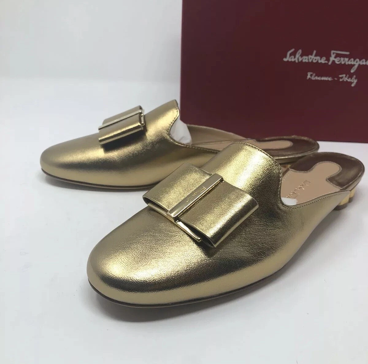550 New Salvatore Ferragamo Womens Sciacca Gold Slippers Ladies Shoes Size 6 C