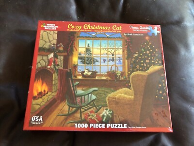 White Mountain Puzzles Ruth Sanderson Cozy Christmas Cat #1066 1000 Pieces - New