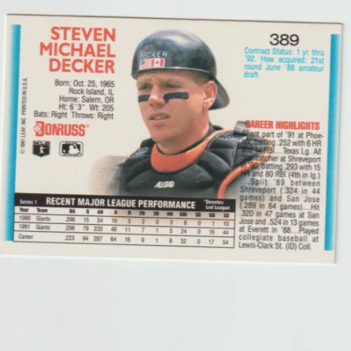 *Legends-SAN FRANCISCO GIANTS-"Steve Decker" /C/ {S238} - Image 2 of 3