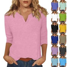 Women's V-Neck 3/4 Sleeve Tops Casual Solid Color T-Shirts Summer Daily Blouse#A