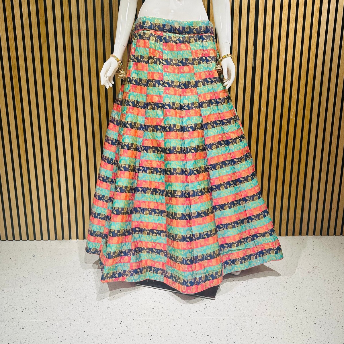 Navy Pink Turquoise Multicolour Striped Floral Brocade Lehenga Skirt