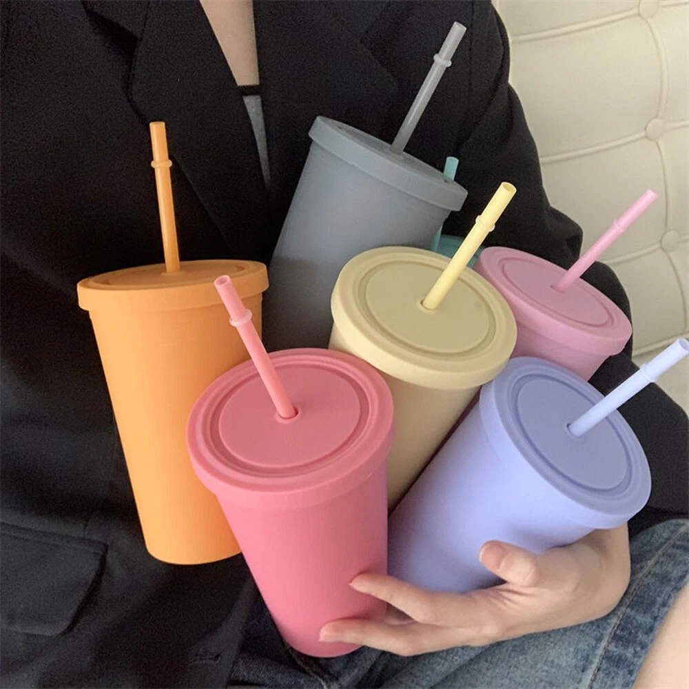 Candy Color Plastic Straw Cup With Straw Reusable Frosted Handy