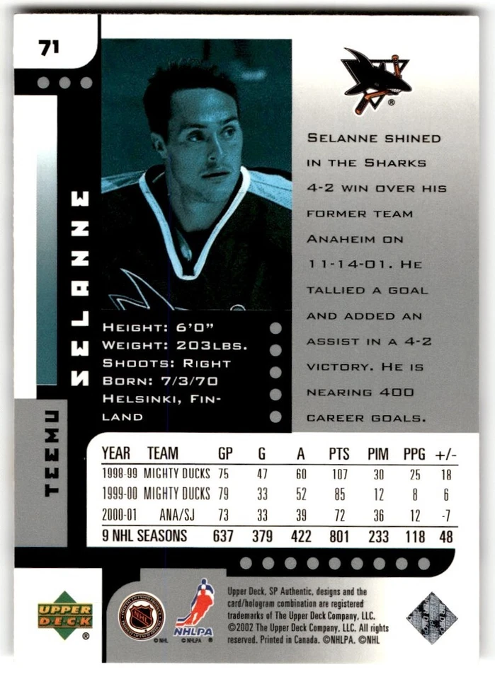2001-02 SP Authentic Teemu Selanne #71 San Jose Sharks - Image 2 of 2